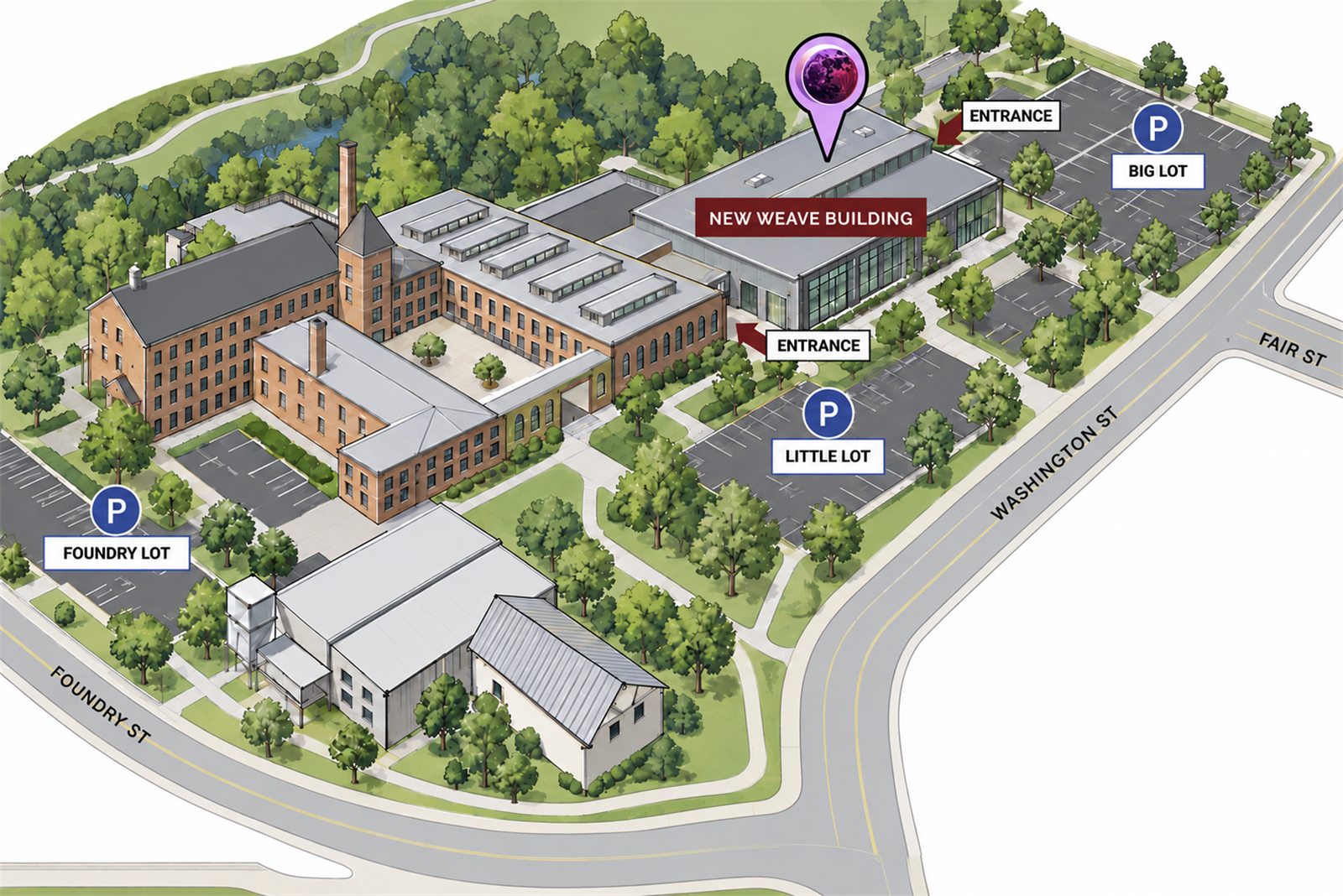 Map of Savage Mill, Maryland — Alumia is in the New Weave Building; the Big Lot, Little Lot and Foundry Lot parking are marked